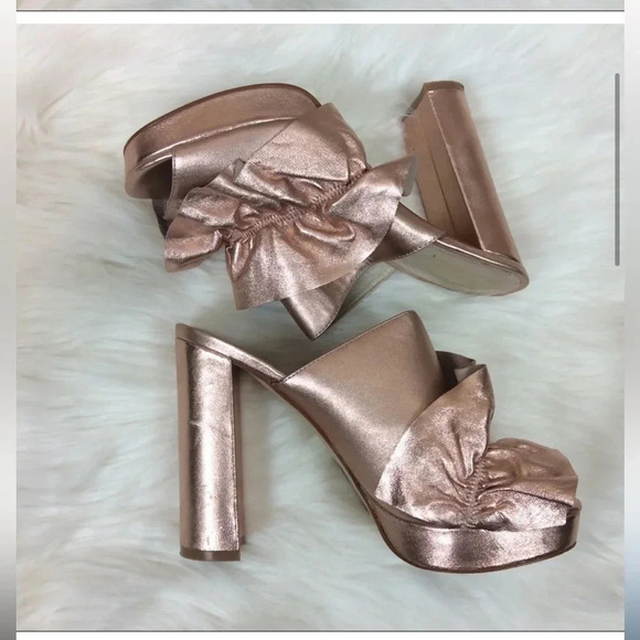 SHELLEYS LONDON DELPHINE RUFFLE CHUNK PLATFORM OPEN TOE ROSE GOLD MULES 7.5 - Picture 4 of 16